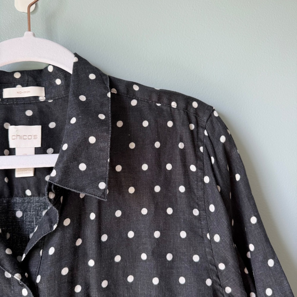 Chico's No-Iron 100% Linen Button Up Shirt Black White Polka Dot Tie Front 3 XL - Picture 3 of 12
